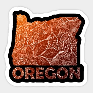 Colorful mandala art map of Oregon with text in brown and orange Sticker